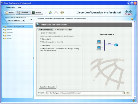 Cisco Configuration Professional Homepage with Configuration Options