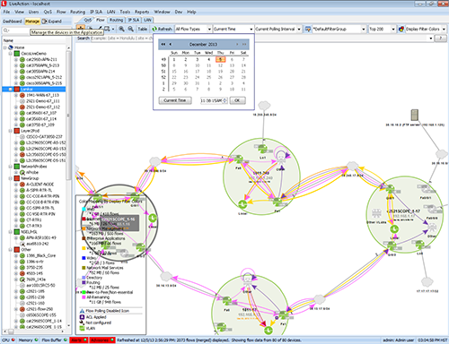 Individual flows can be color-coded by port, DSCP, IP address, byte count, byte rate, or custom filter colors.